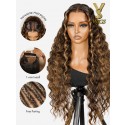 YSwigs natural black ombre brown Full Lace Wig  Wave Free Parting Human Hair wig Bleached Knots LX02