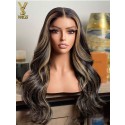 Black Hair With Blonde Highlight HD 13x6 Lace Frontal Human Hair Wigs With Bangs, YS919