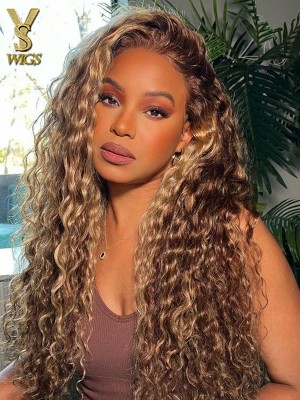 Honey Blonde Water Wave Highlighted Color Wig 13x4 Lace Front Human Hair Wigs Pre Plucked 180% Density Virgin Hair Wig,YS449