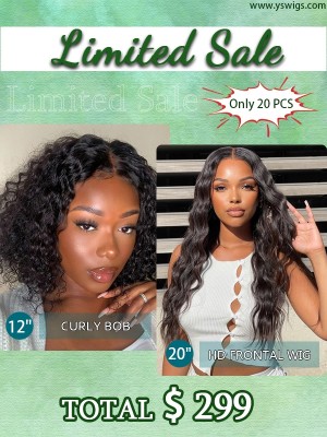 YSwigs Combo Sale Human Hair HD Invisible Lace Frontal Wig & Curly Bob Wig SS-9