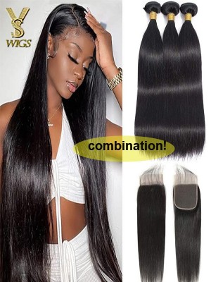 YSwigs 100% Human Hair 3 Bundles With 1 Closure Brazilian straight Hair  ,HXQ334