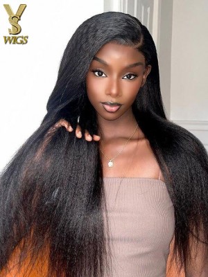 Yaki V Part Wig Human Hair No Leave Out Thin Part Wig Glueless Wigs Human Hair Pre Plucked Kinky Straight U part Wig Beginner Friendly No Sew in No Glue 150% Density 22Inch,YS940