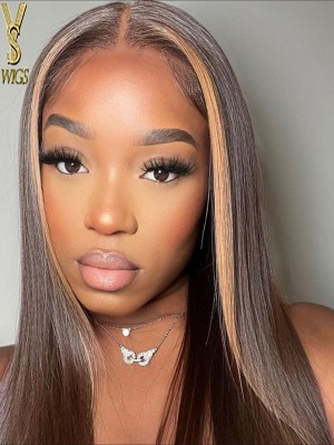 Wig Trend 2025 Straight Lace Front Wig Human Hair Pre Plucked Bleached Knots highlight color , WT21