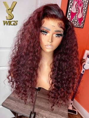 YSwigs Full Lace Wig Undetectable HD Lace Red Hair Ombre 99J Deep Wave Indian Human Hair Wig CLS-14