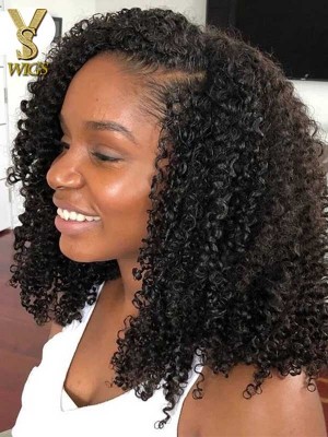 Summer Wigs Short Kinky Curly Glueless 5x5 Lace Wig Human Hair 150% Density with 4C curly Edge Baby Hair, YS603