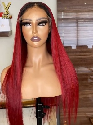 99j Silky Straight Lace Frontal Wig Human Hair Burgundy with dark roots 13x6 HD Transparent lace frontal Wigs with Baby Hair 150% Density, YS628