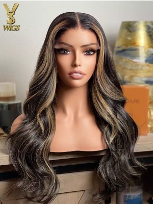 Black Hair With Blonde Highlight HD 13x6 Lace Frontal Human Hair Wigs With Bangs, YS919