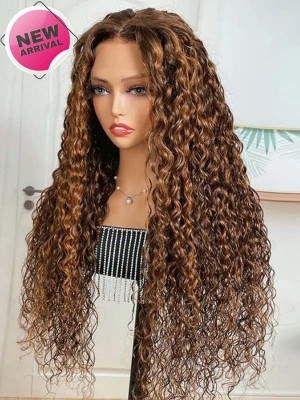 YSwigs 13x4 HD Lace Front Brown Water Wave Wig With Amber Highlights YW01