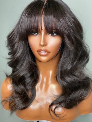 YSWIGS 150% Density Chinese Bang Wave Transparent & Brown Lace Human Hair Lace Front Wig