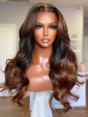 YSwigs Brown To Black Ombre Color Body Wave Human Hair Wigs For Women YS7233