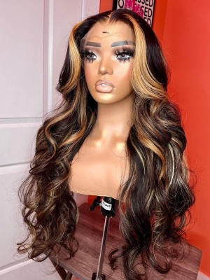 YSWIGS Highlight Mix Color Wave HD Lace Human Hair Lace Front Wig Pre Plucked BT-6