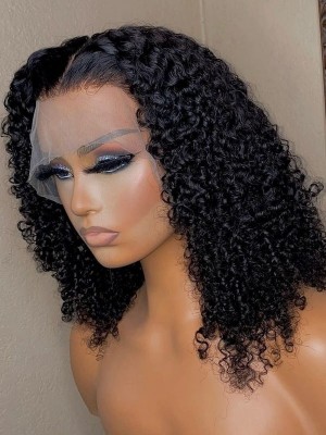 YSWIGS Kinky Curly Transparent & Brown Lace Human Hair Lace Front Wig 