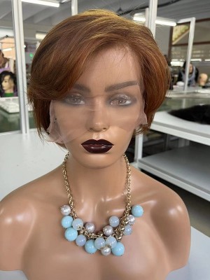 YSwigs Short Human Hair Wigs Pixie Cut Straight Remy Brazilian Hair for Black Women C-part Lace Wig Cheap Wig WW06