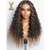 YSwigs natural black ombre brown Full Lace Wig  Wave Free Parting Human Hair wig Bleached Knots LX02