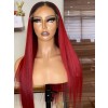 99j Silky Straight Lace Frontal Wig Human Hair Burgundy with dark roots 13x6 HD Transparent lace frontal Wigs with Baby Hair 150% Density, YS628