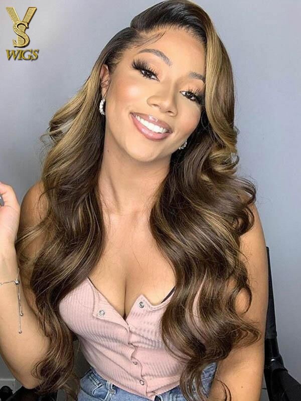 Ombre Brown Highlight Blonde Lace Front Human Hair Wig Loose Wave Pre Plucked 13×6 HD lace