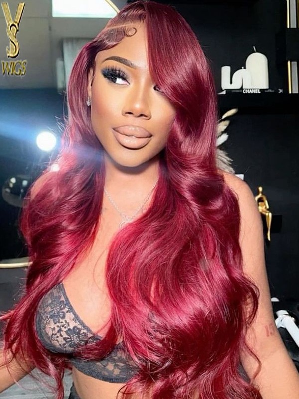Body wave 13x4 lace front wig swiss Lace 180% Density Glueless Wigs Pre Plucked with Baby Hair Burgundy red,LX11