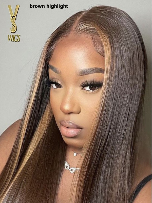 Wig Trend 2025 Straight Lace Front Wig Human Hair Pre Plucked Bleached Knots highlight color , WT21