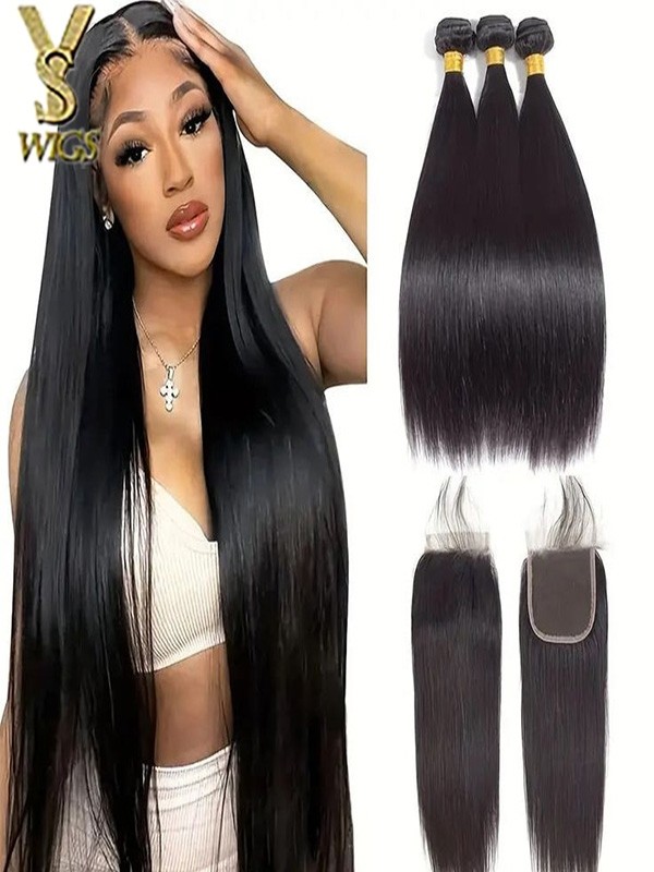 YSwigs 100% Human Hair 3 Bundles With 1 Closure Brazilian straight Hair  ,HXQ334