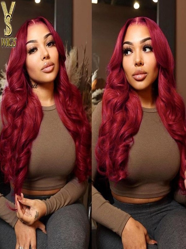 Body wave 13x4 lace front wig swiss Lace 180% Density Glueless Wigs Pre Plucked with Baby Hair Burgundy red,LX11
