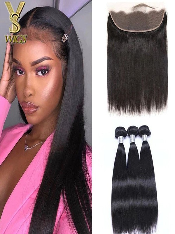 YSwigs 100% Human Hair 3 Bundles With 1 Closure Brazilian straight Hair  ,HXQ334