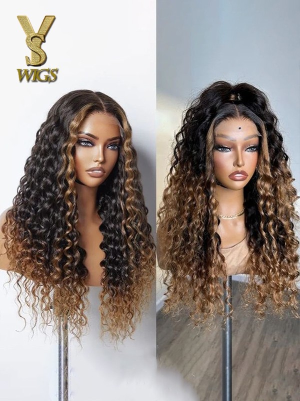 YSwigs natural black ombre brown Full Lace Wig  Wave Free Parting Human Hair wig Bleached Knots LX02
