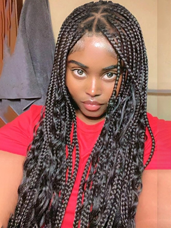  YSwigs sythetic braids with human hair curls middle part  With Baby Hair Braided Wigs for Black Women ,LX01