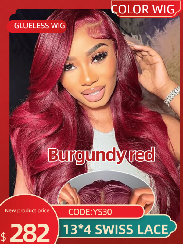 Body wave 13x4 lace front wig swiss Lace 180% Density Glueless Wigs Pre Plucked with Baby Hair Burgundy red,LX11