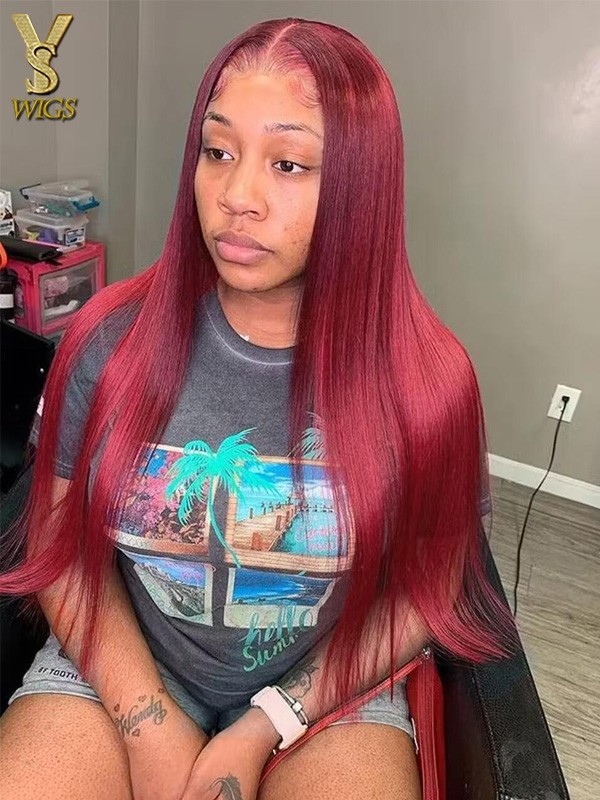 99j Silky Straight Lace Frontal Wig Human Hair Burgundy 13x6 HD Transparent lace frontal Wigs with Baby Hair 150% Density, YS628