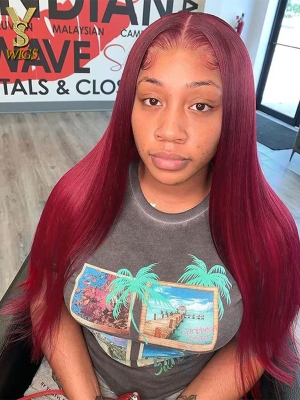 99j Silky Straight Lace Frontal Wig Human Hair Burgundy 13x6 HD Transparent lace frontal Wigs with Baby Hair 150% Density, YS628