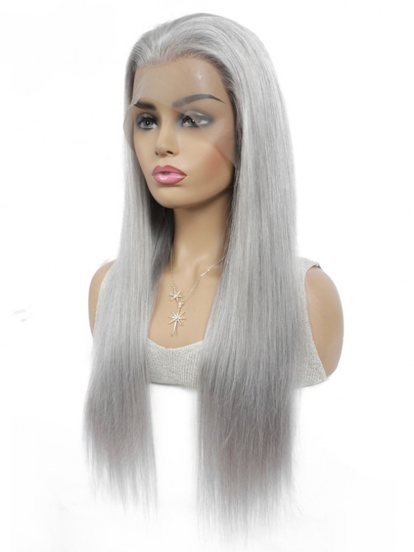 YSwigs 13x4 Lace Front Human Hair Wigs 14 Inches Straight Grey Lace Front Wig Pre Plucked Silver Gray Long Inch Wigs YS004
