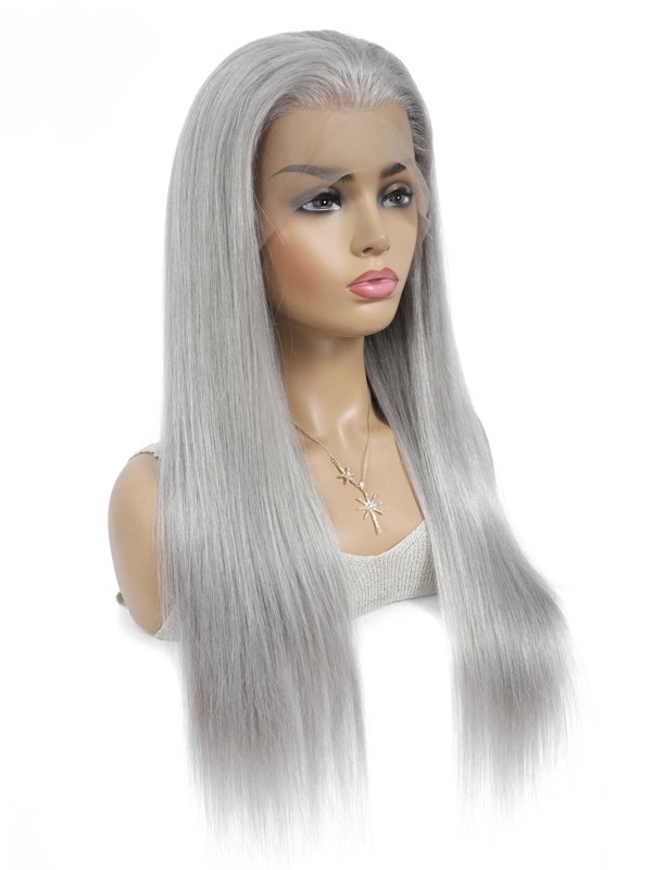YSwigs 13x4 Lace Front Human Hair Wigs 14 Inches Straight Grey Lace Front Wig Pre Plucked Silver Gray Long Inch Wigs YS004