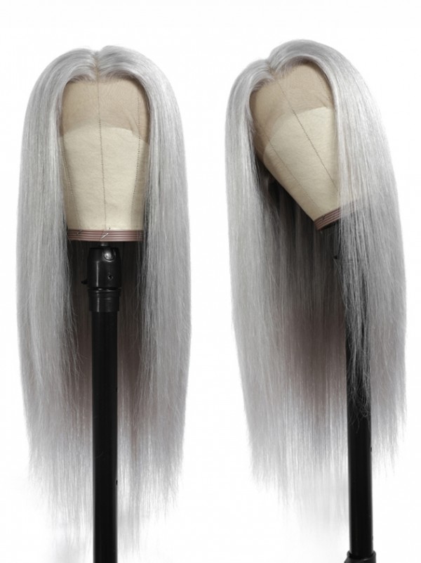 YSwigs 13x4 Lace Front Human Hair Wigs 14 Inches Straight Grey Lace Front Wig Pre Plucked Silver Gray Long Inch Wigs YS004