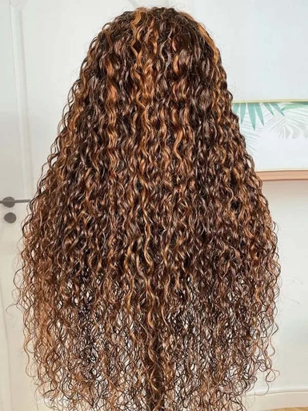 YSwigs 13x4 HD Lace Front Brown Water Wave Wig With Amber Highlights YW01