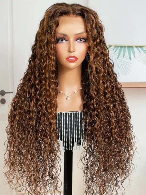YSwigs 13x4 HD Lace Front Brown Water Wave Wig With Amber Highlights YW01