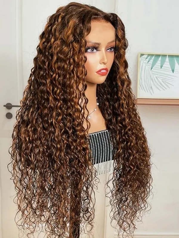 YSwigs 13x4 HD Lace Front Brown Water Wave Wig With Amber Highlights YW01
