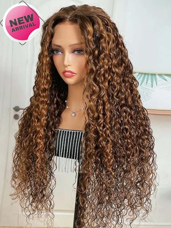 YSwigs 13x4 HD Lace Front Brown Water Wave Wig With Amber Highlights YW01