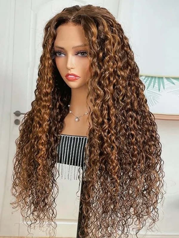 YSwigs 13x4 HD Lace Front Brown Water Wave Wig With Amber Highlights YW01