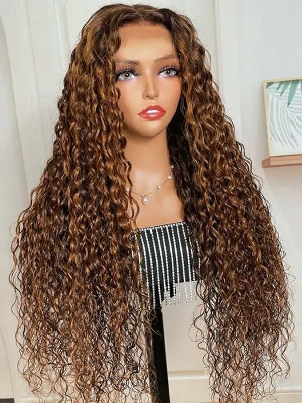 YSwigs 13x4 HD Lace Front Brown Water Wave Wig With Amber Highlights YW01