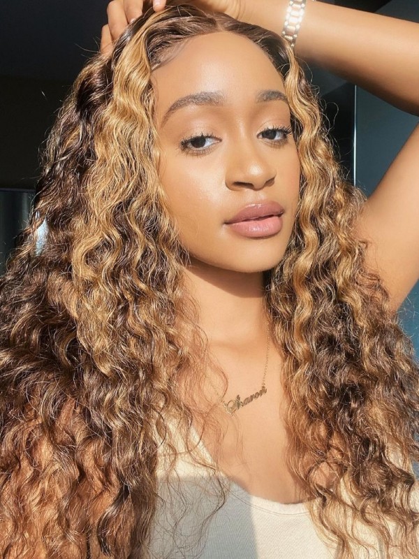 YSwigs Highlight Color Curly Human Hair HD Lace Front Wig With Babyhair YS022