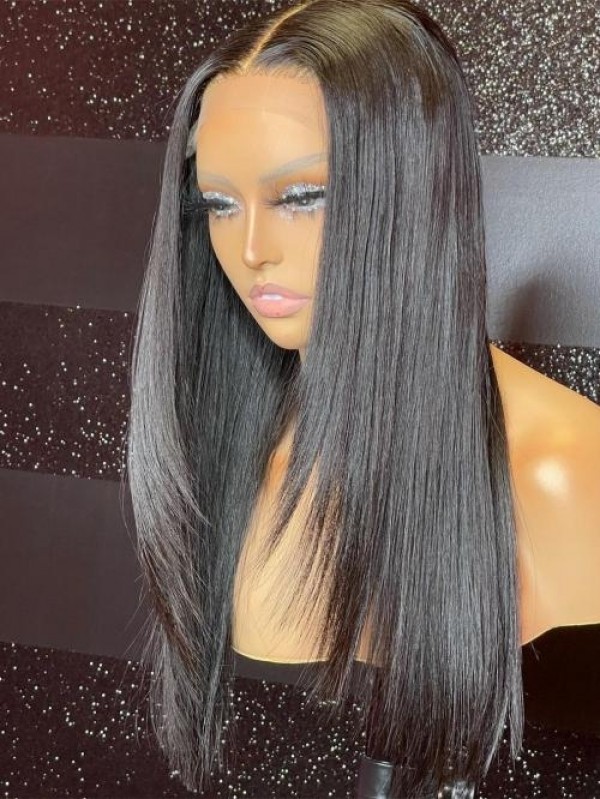 YSWIGS 150% Density Silky Straight Transparent & Brown Lace Human Hair Lace Front Wig 