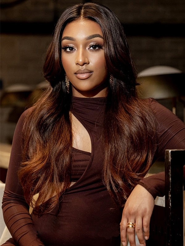 YSwigs Brown To Black Ombre Color Body Wave Human Hair Wigs For Women YS7233