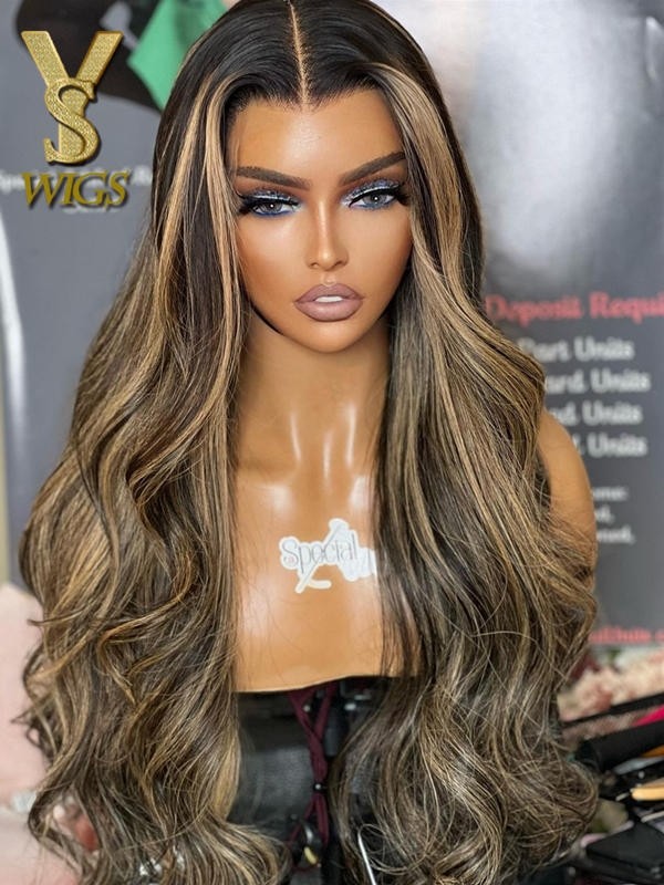 YSwigs Highlight Color 13×4 HD Lace  Wavy Human Hair HD Lace Front Wig YS021