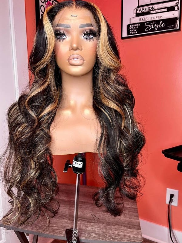 YSWIGS Highlight Mix Color Wave HD Lace Human Hair Lace Front Wig Pre Plucked BT-6
