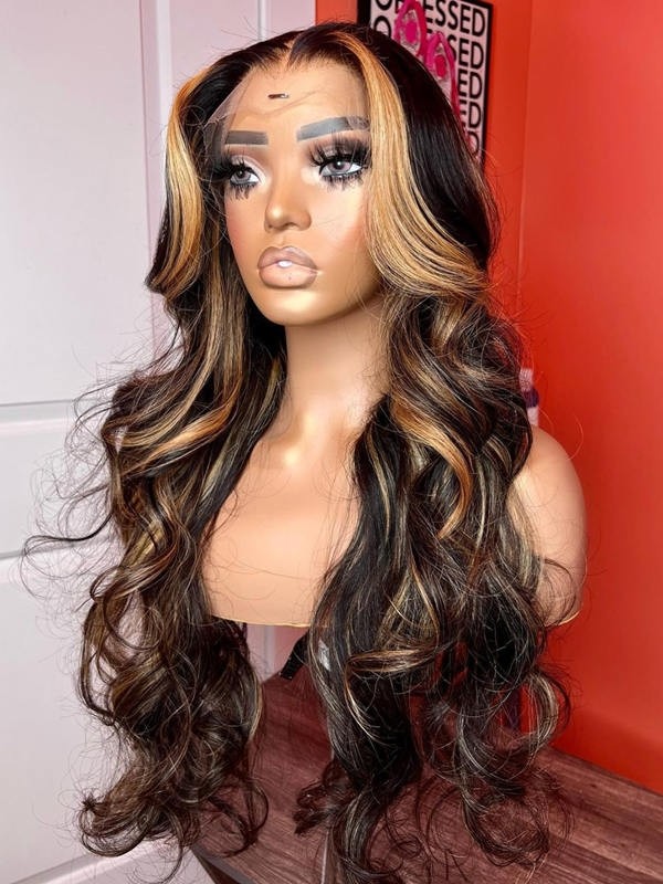 YSWIGS Highlight Mix Color Wave HD Lace Human Hair Lace Front Wig Pre Plucked BT-6
