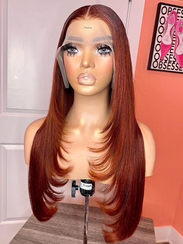 YSwigs Inner Buckle Cute Straight 13x4 Lace Front Wig Ginger Color Layer Human Hair Wigs HXQ024