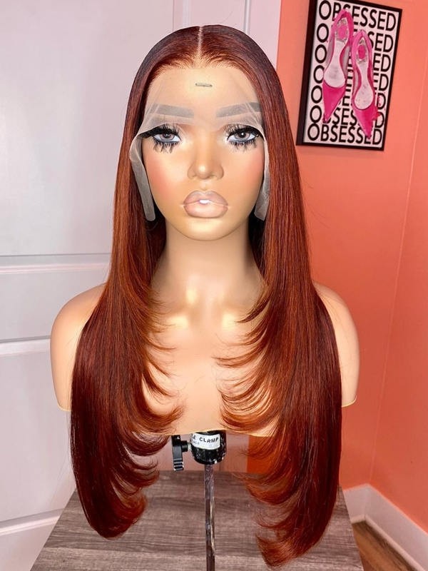 YSwigs Inner Buckle Cute Straight 13x4 Lace Front Wig Ginger Color Layer Human Hair Wigs HXQ024