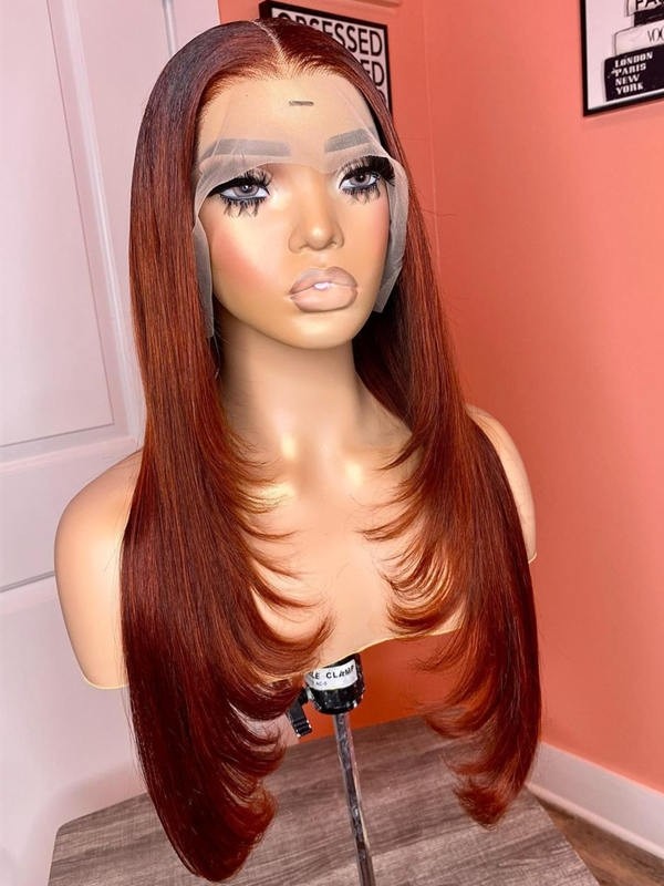 YSwigs Inner Buckle Cute Straight 13x4 Lace Front Wig Ginger Color Layer Human Hair Wigs HXQ024