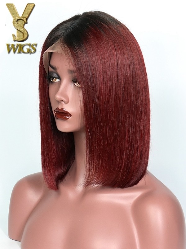 YSwigs Short Bob Wigs Straight Ombre Red 99J Green Blue 13x6 Lace Front Brazilian Human Hair Wigs