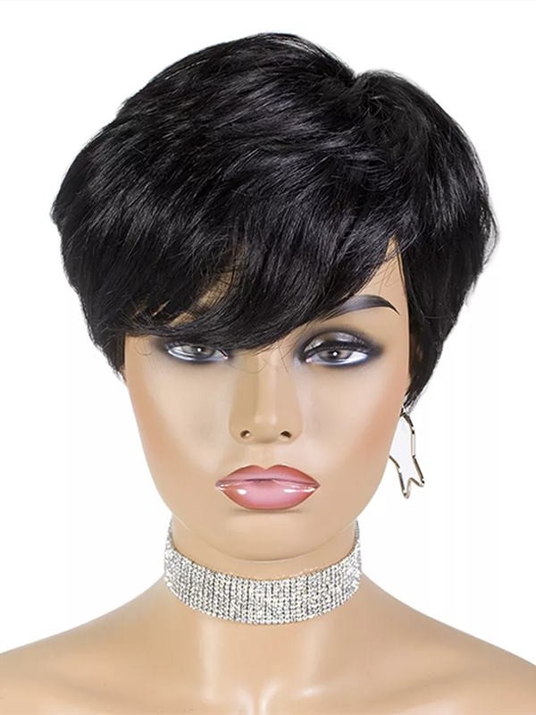 YSwigs Short Human Hair Wigs Pixie Cut Straight Remy Brazilian Hair for Black Women C-part Lace Wig Cheap Wig WW06